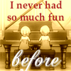 Ange and Charlotte playing piano as kids, with text "I never had so much fun before"